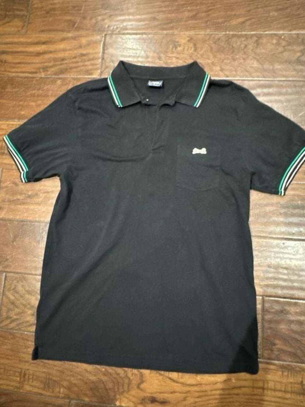 Le Tigre Men's Black Short Sleeve Polo Shirt with Green Striped Collar Pocket Si